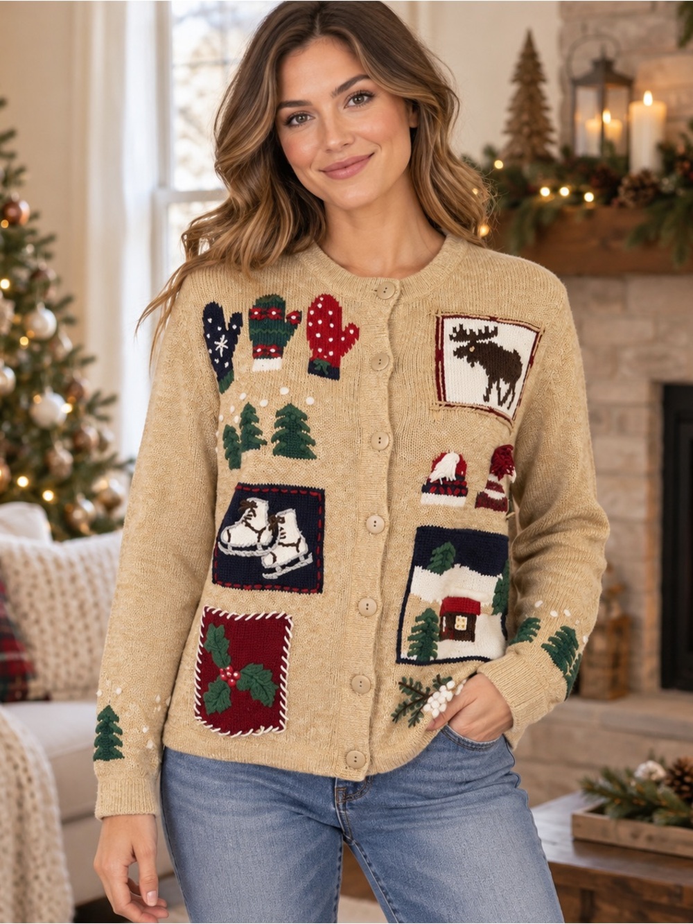 Holiday Lodge by Northcrest Women’s L Christmas Patchwork Cardigan Ramie Cotton